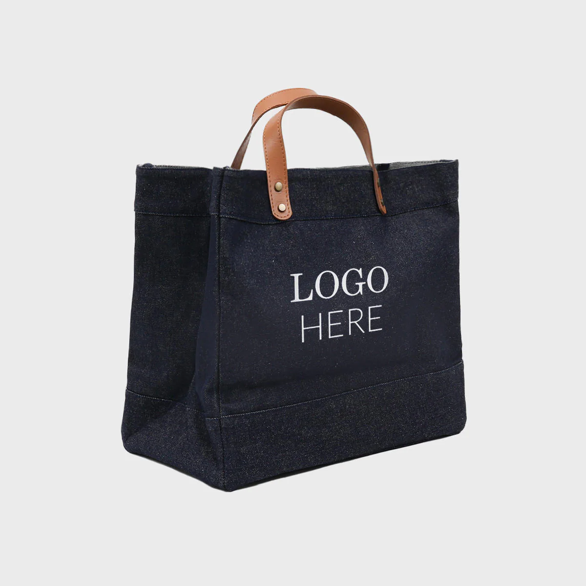Large blue denim market bag with leather handles - Image 3