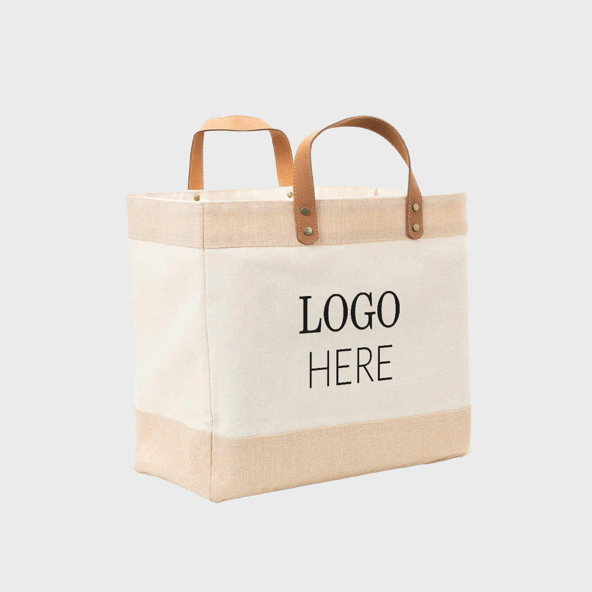 Large natural canvas market bag with leather handles - Image 3