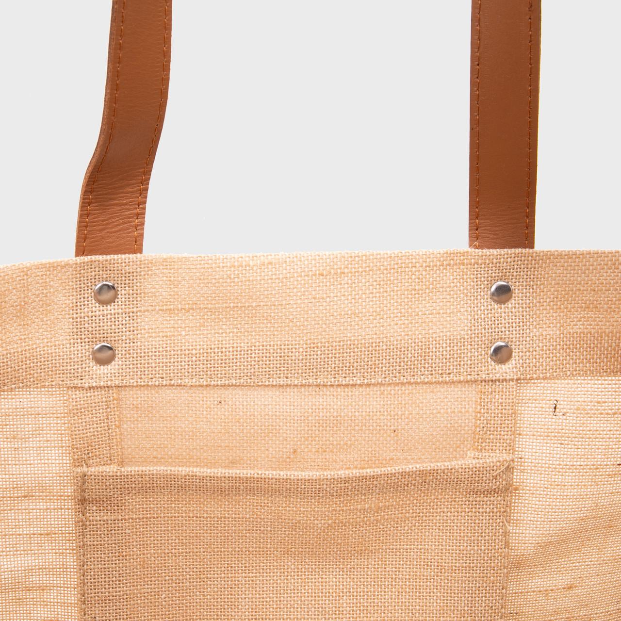 Large natural juco shoulder market bag with leather handles - Image 4
