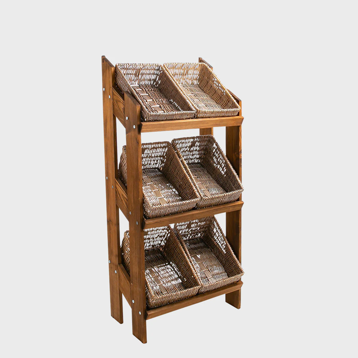 Norwood 3-shelf dark oak stand with angled narrow rustic wicker 650 - Image 3
