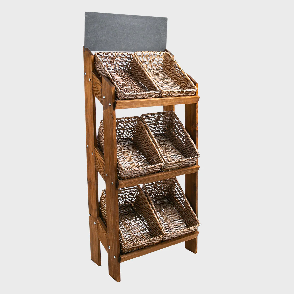 Norwood 3-shelf dark oak stand with angled narrow rustic wicker 650 - Image 5