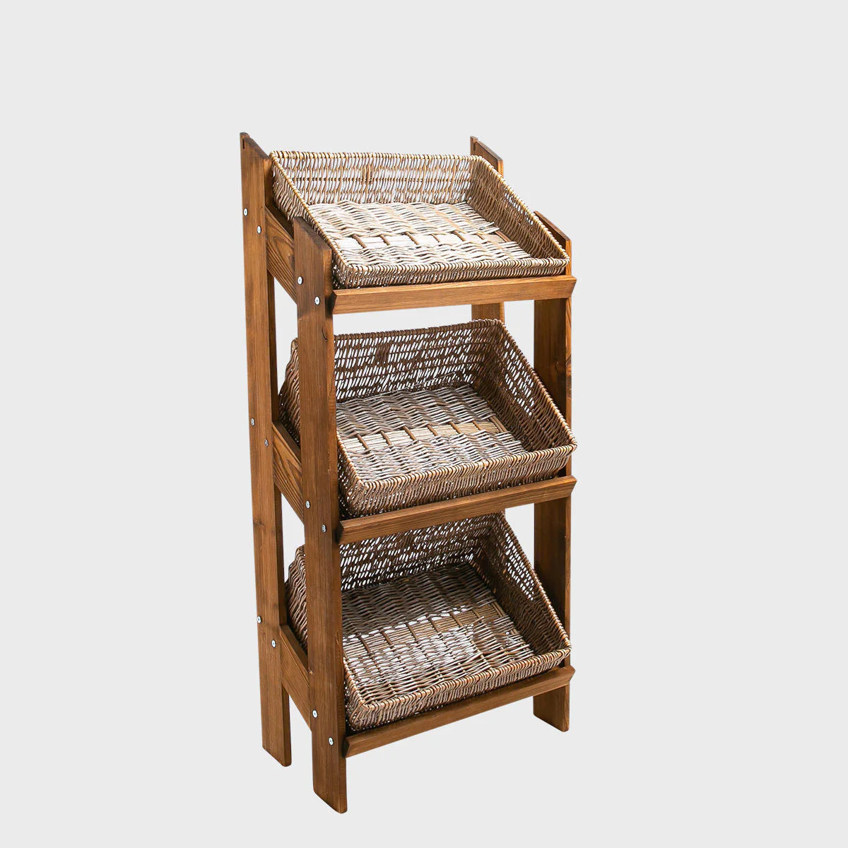 Norwood 3-shelf dark oak stand with angled wide rustic wicker 650 - Image 3