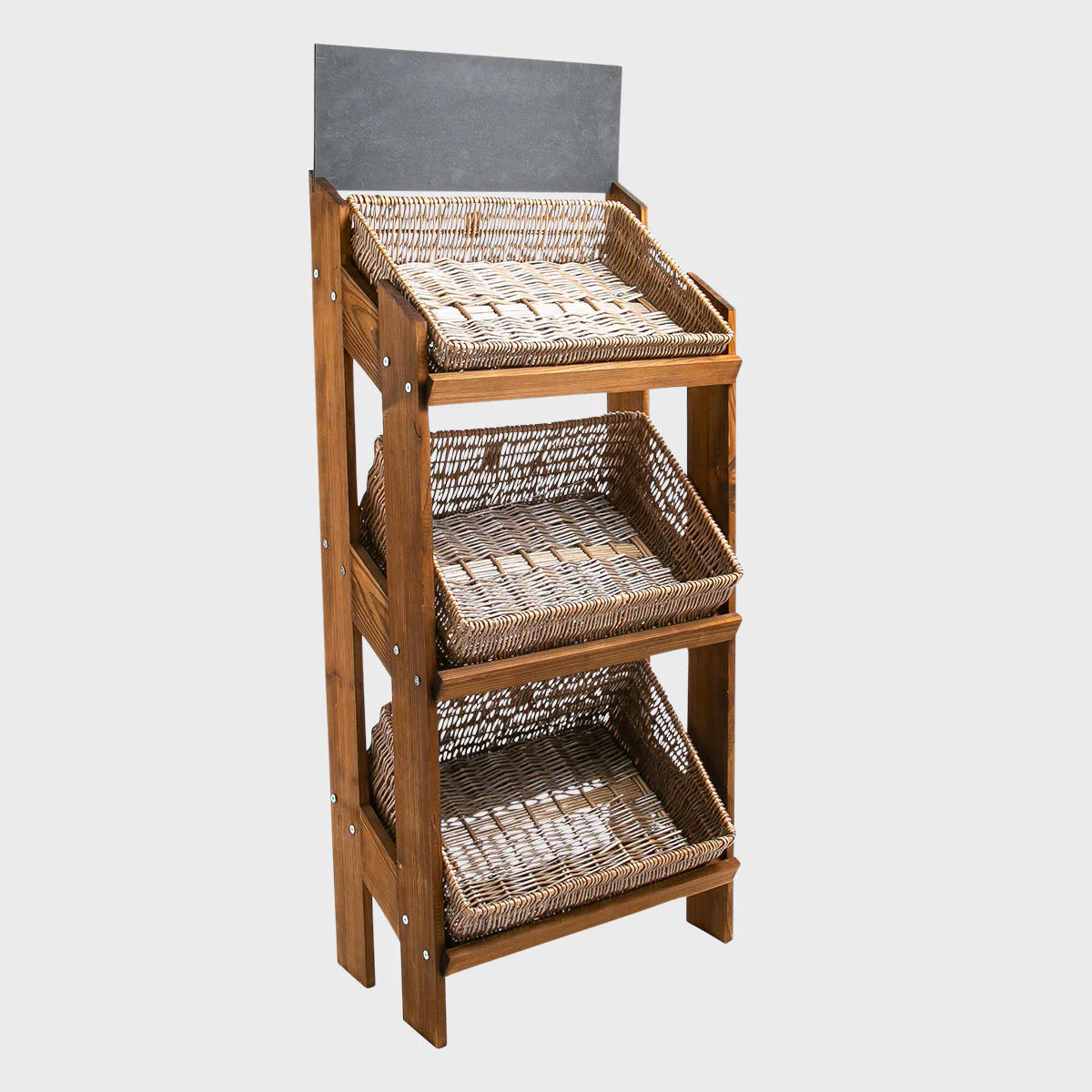 Norwood 3-shelf dark oak stand with angled wide rustic wicker 650 - Image 5