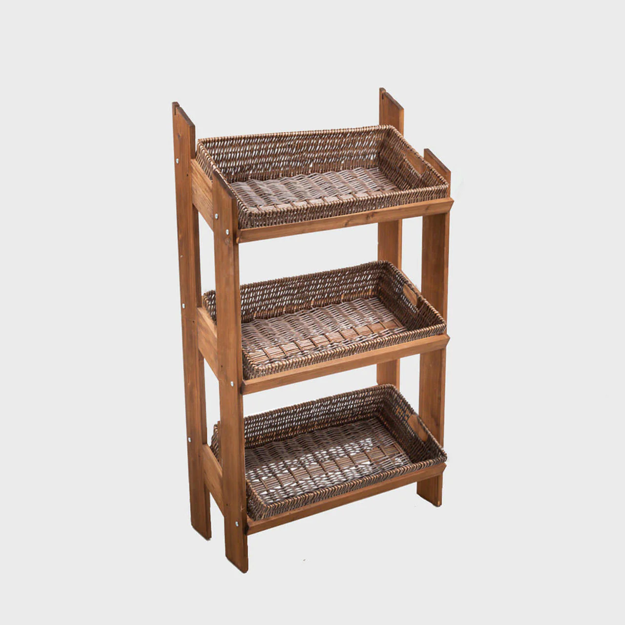 Norwood 3-shelf dark oak stand with shallow dark wicker trays 820