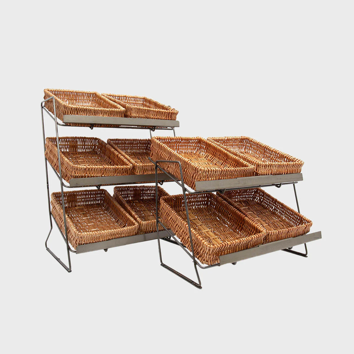 Railton tiered counter top display unit with small natural wicker trays