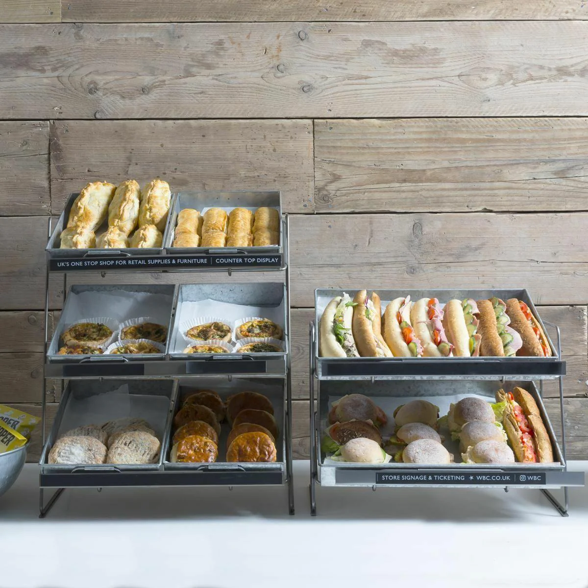 Railton tiered countertop display unit with medium metal trays - Image 2