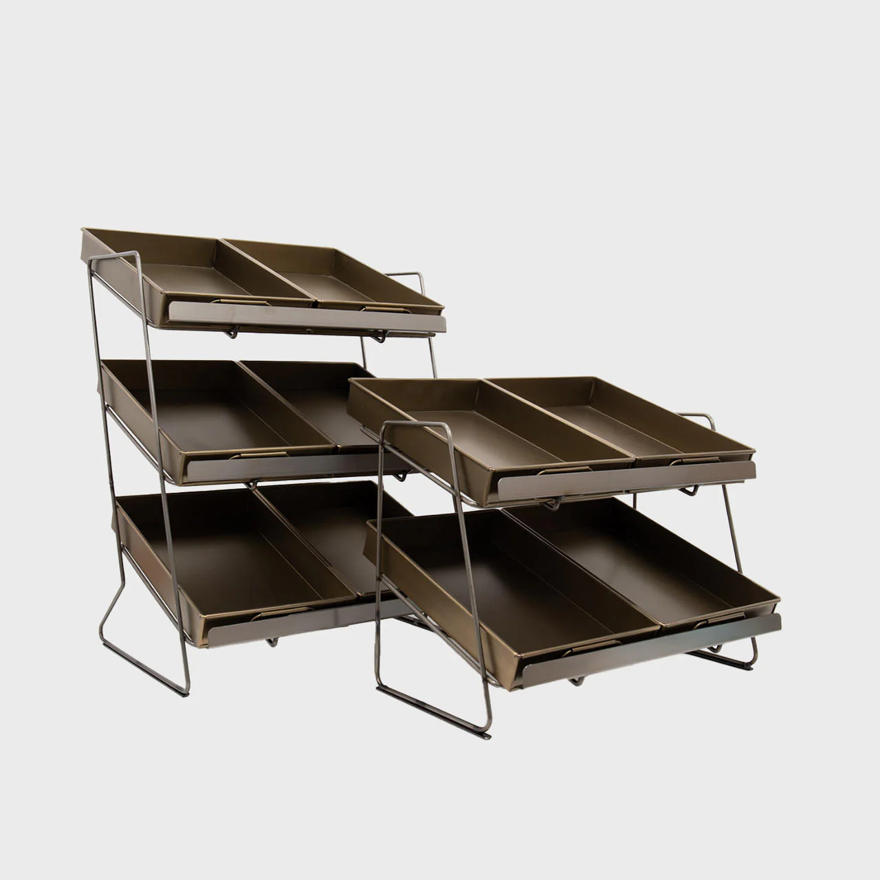 Railton tiered countertop display unit with small brass metal trays
