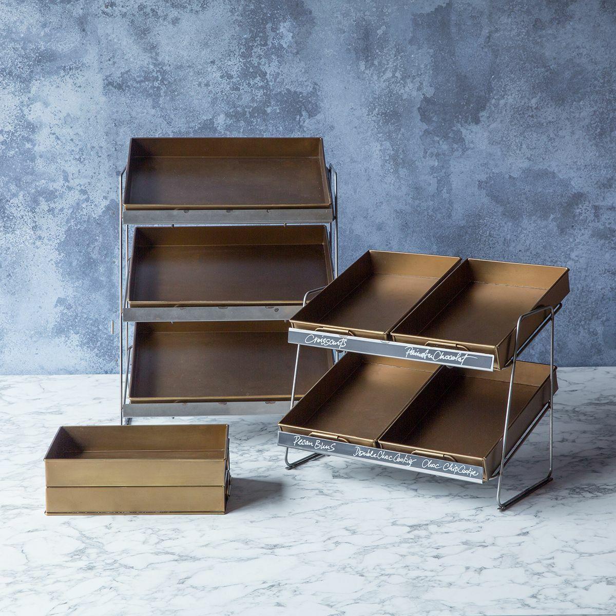 Railton tiered countertop display unit with small brass metal trays - Image 2